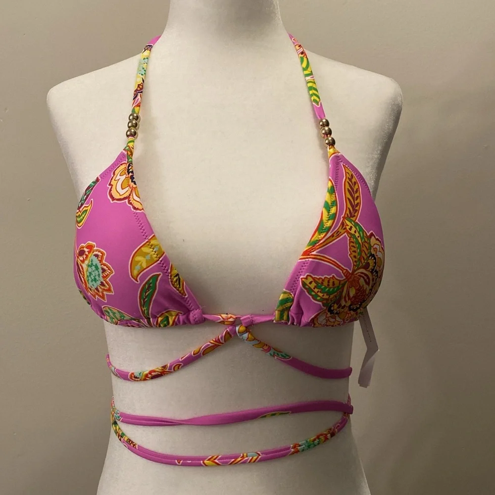 NEW Aerie Pink wrap triangle bikini top and Crossover High Waisted Bikin…